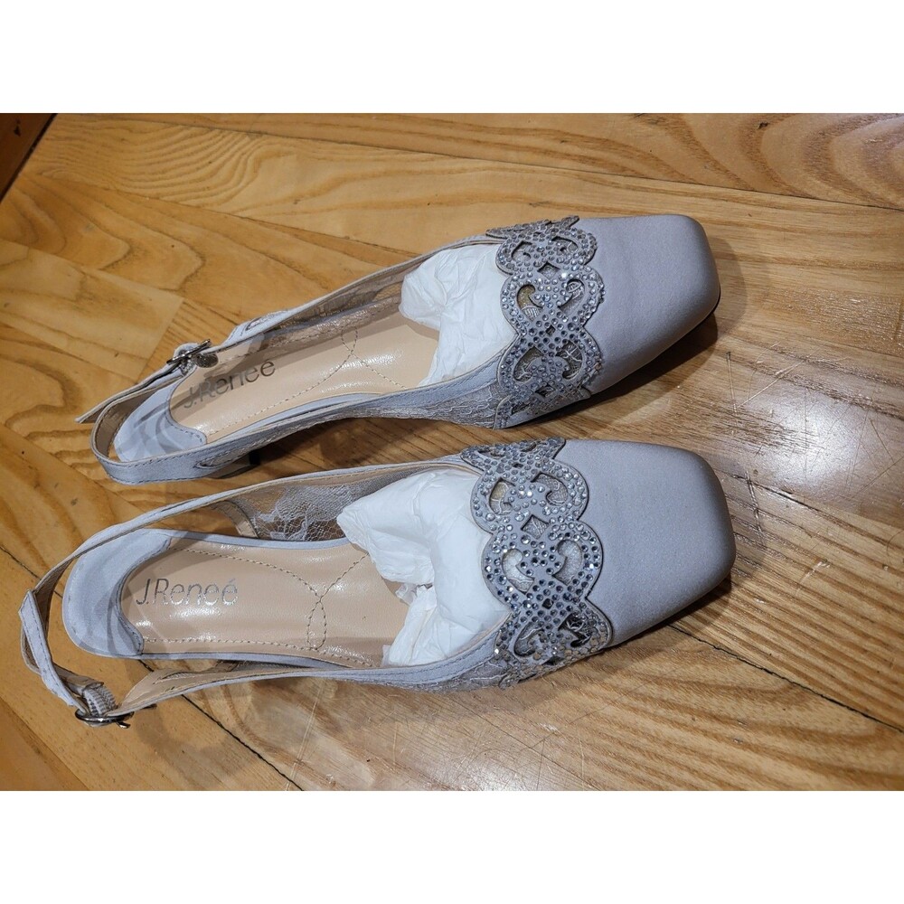 J. Renee Faleece Lace Satin Pumps Womens 8.5 Gray Block Heel Memory Foam Shoe